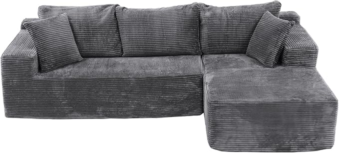 OC Orange-Casual 106.3" Cloud Sectional Couch with L-Shape Chaise,No Assembly Required Modular Sofa,Upholstered Boneless Couches for Living Room, Plush Corduroy Fabric (Grey, Right Facing Chaise)