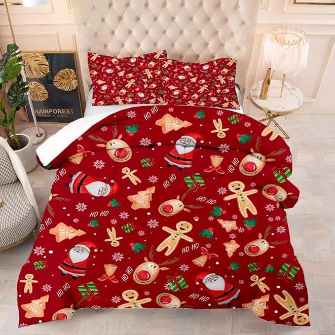 Red Christmas Comforter Set Full/Queen for Girls, Cartoon Santa Claus Christmas Tree Gingerbread Man Printed Bedding Set, Xmas Bed Set with 1 Comforter and 2 Pillowcases