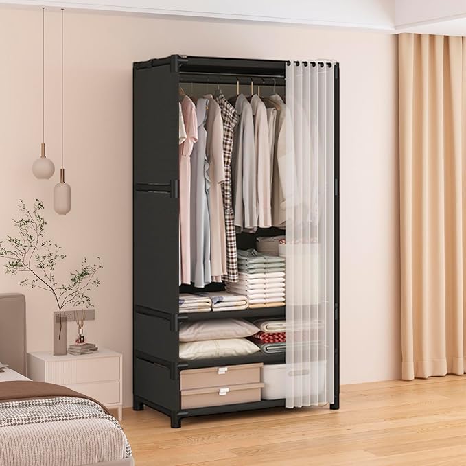 Portable Closet,Portable Closets for Hanging Clothes,Japanese Style Garment Rack with 1 Hanging Rods,2 Storage Shelves,27.5" L x 17.7" W x 65.1" H,Black