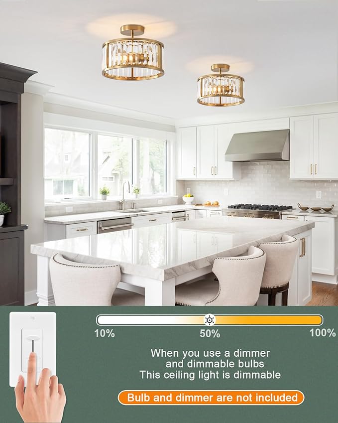 Brass Gold Flush Mount Ceiling Light, 2- Light Caged Crystal Chandelier, Small Drum Hallway Light fixtures Ceiling Mount (Brass Gold)