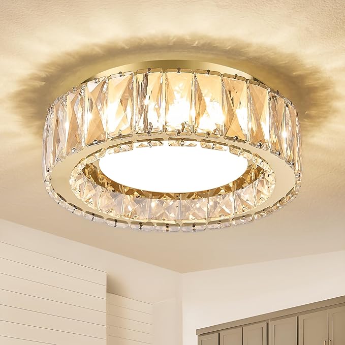 11 Inch Modern Gold Luxury Flush Mount Ceiling Light,Small Crystal Chandelier, Dimmable LED 5CCT 3000K-6000K 24W Round Close to Ceiling Light Fixture for Hallway,Kitchen,Bedroom,Laundry Room