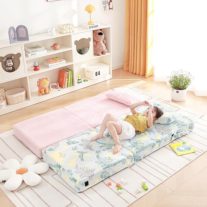Folding Sofa Bed Floor Mattress for Kids with Pillow, Toddler Washable Folding Floor Nap Mat for Sleeping Daycare, Child Fold Up Sofa Futon Chair Bed with Storage Bag for Children