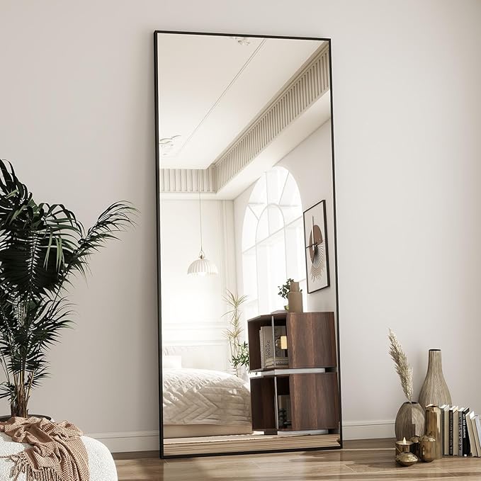 BEAUTYPEAK Full Length Mirror with Stand, 65"x24" Floor Mirror with Aluminum Alloy Thin Frame, ShatterVue Tempered Full Body Mirrors, Free Standing or Wall-Mounted Mirrors for Living Room, Black