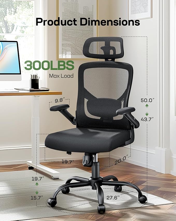 Marsail Ergonomic Mesh Office Chair High Back Desk Chair Adjustable Lumbar Support with Headrest Flip-Up Liftable Arms Swivel Computer Task Chair for Big and Tall People