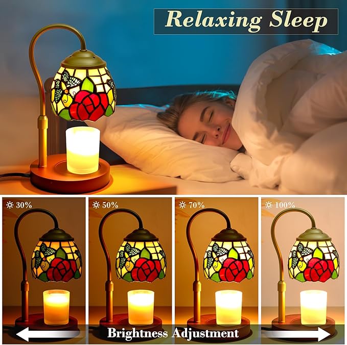 Candle Warmer Lamp with Timer Dimmer, Adjustable Height Candle Warmer for Jar Candles, Birthday Gifts for Women New Home Bedroom Decor Tiffany Butterfly Style Stained Glass with 2 Bulbs