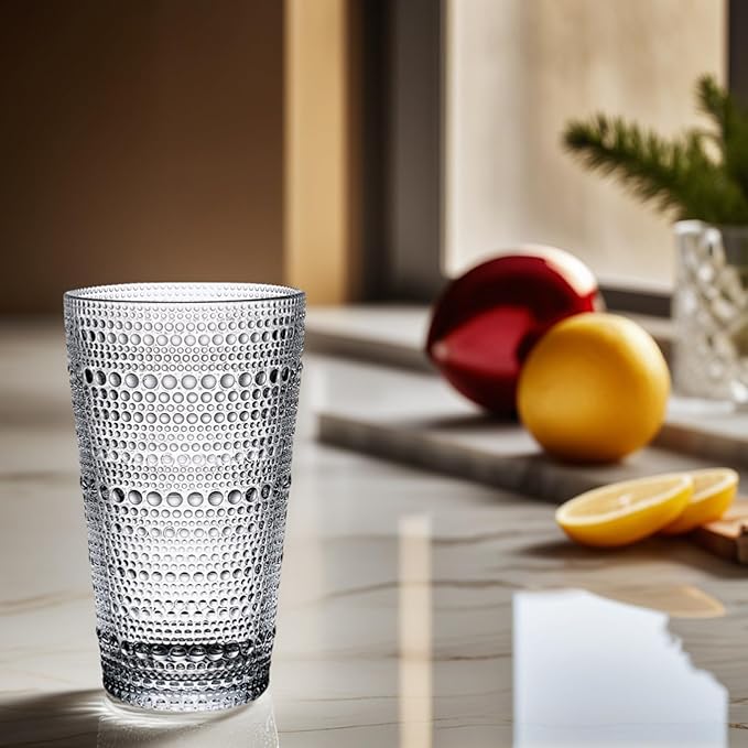 16oz Hobnail Highball Glasses[Set of 4] - Tall Water Glass Cup Glassware Set Fits New Home of Newlyweds, Dishwasher Safe, Stackable Design