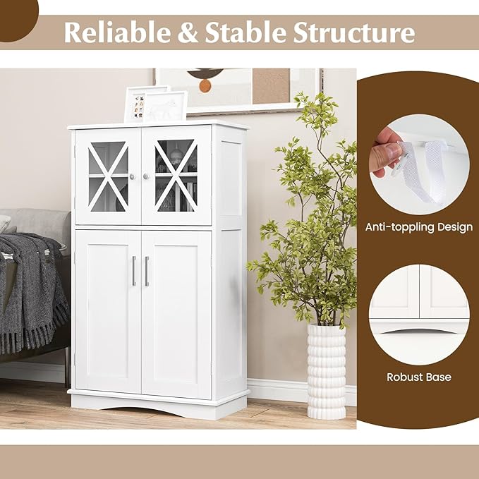 Tangkula Freestanding Floor Cabinet w/2 Glass Doors, 3-Level Adjustable Shelves, Anti-toppling, Kitchen Pantry Cupboard for Bathroom & Living Room (White)