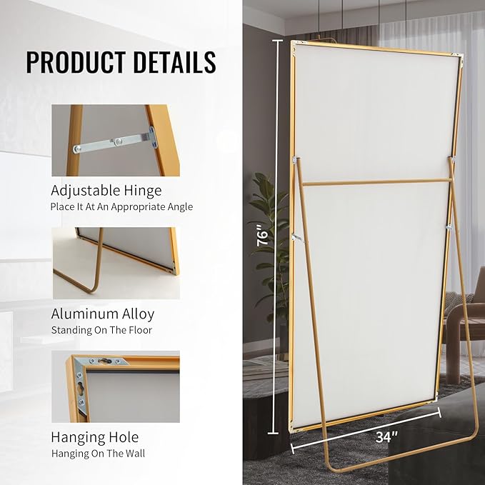 Beauty4U 76" x 34" Large Full Length Mirror with Stand, Gold Wall Mounting Full Body Mirror, Metal Frame Full-Length Mirror for Living Room, Bedroom