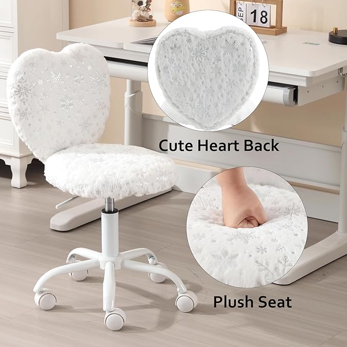 Kids Desk Chair - Girls Students Study Adjustable Computer Chair with Cute Heart Back for Home/Bedroom/School/Dorm, Snow White