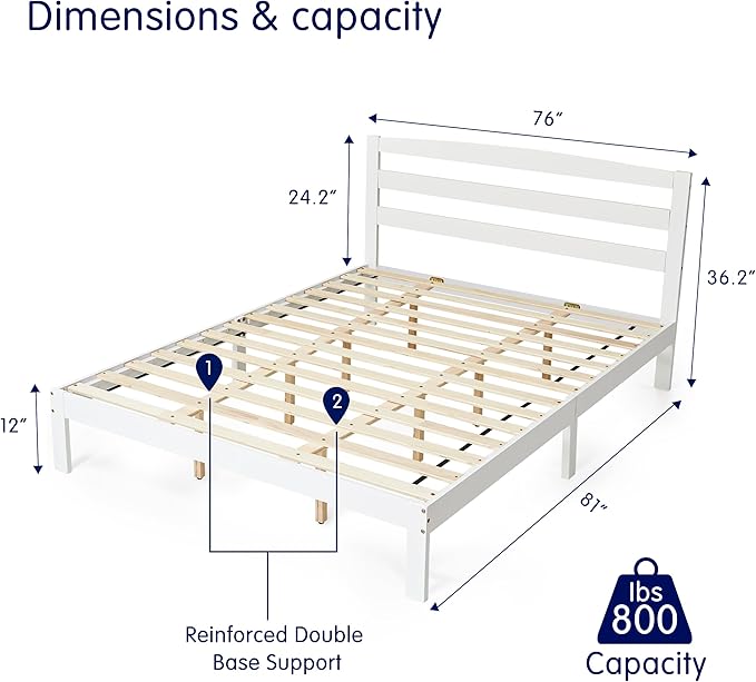 Hokway Wood King Bed Frame and Headboard- No Wobble,Noise-Free,Easy Assembly with Precise Holes,12 in Reinforced Center Legs,No Box Spring Needed,White