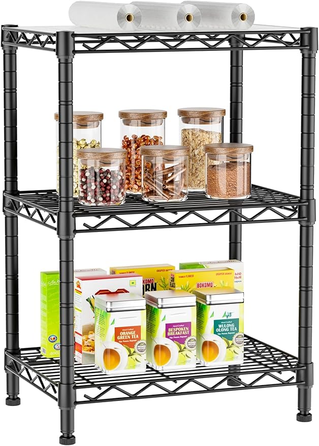 3 Tier Adjustable Storage Shelves Heavy Duty Metal Utility Shelf Wire Shelving Unit Organizer Rack for Home Kitchen Office Bathroom Pantry Room 12" D x 18" W x 30" H