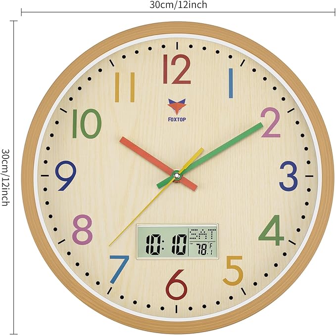 Foxtop Digital and Analog Kids Wall Clock 12 Inch Silent Non-Ticking Battery Operated Kids Clock for Kids Room Playroom Nursery Classroom School