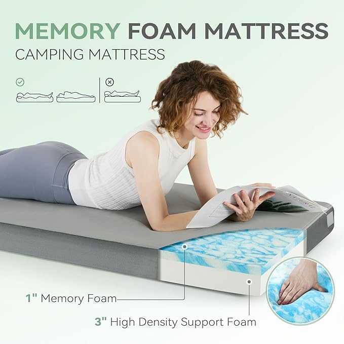 Sinweek Memory Foam Camping Mattress CertiPUR-US Waterproof Portable Roll Up Mattress for Adults Cot Mattress Car Van Sleeping Mat Pad with Carrying Bag