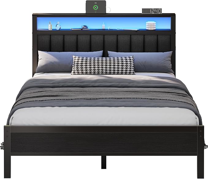 Furnulem Queen Size Bed Frame with Charging Station and LED Lights, Platform Bed with Metal Slats, Grey Upholstered Headboard with 2-Tier Storage Shelves, No Box Spring Needed