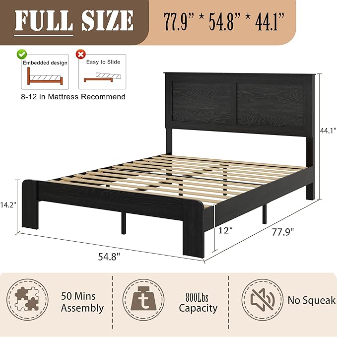 Wooden Bed Frame Full Size with Headboard, Farmhouse Platform Bedframe with Wood Slat Support, Sturdy Framework Bed Frame, Easy Assembly (Rustic Black)