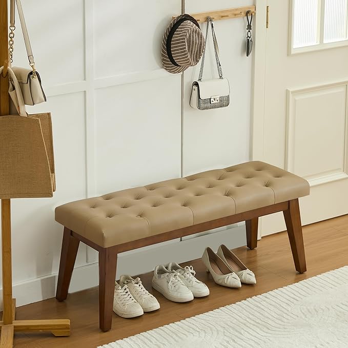 43.5'' Faux Leather Bedroom Bench, Upholstered End of Bed Bench with Tufted Button, Padded Vintage Dining Bench, Entryway Bench with Solid Wood Legs, Kitchen, Living Room, Hallway, Light Brown Tufted