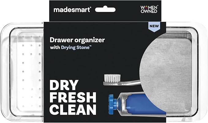 madesmart Dental Tray Drawer Organizer with Drying Stone, Clear Plastic Drawer Organizer for Toothbrush, Dental Floss, Water Flossers, Toothpaste