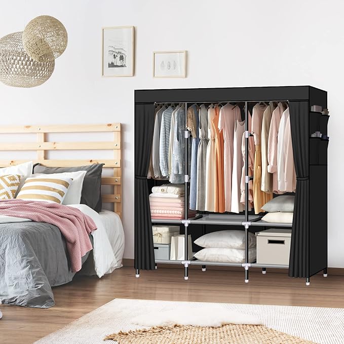 LOKEME Portable Wardrobe, 61-Inch with 3 Hanging Rods and 6 Storage Shelves, Non-Woven Fabric, Stable and Easy Assembly Black Portable Closets for Hanging Clothes with Side Pockets