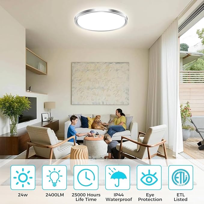 zemty 6Pack LED Ceiling Light Fixture, 6.5-Inch 12W 1200lm Small Flush Mount Light, Adjustable 3000K 4000K 6500K Color Temperatures, Round Flat Recessed Lamp for Kitchen Closet Hallway Laundry, Nickel