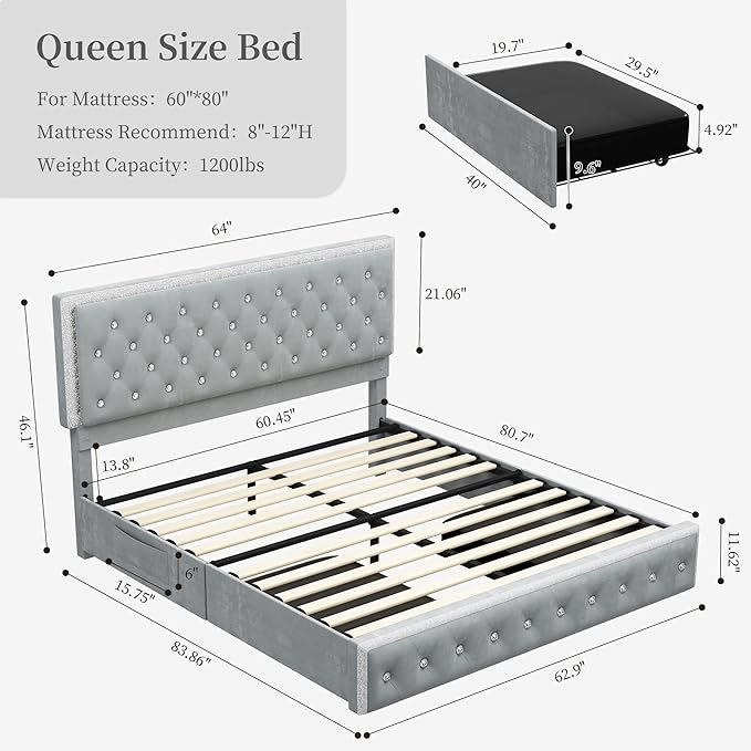 Queen Led Bed Frame with 2 Drawers, Storage Platform Queen Size Upholstered Bed Frames with Crystal Button Tufted Headboard, Solid Slats Support, Noise Free, No Box Spring Needed, Velvet Grey