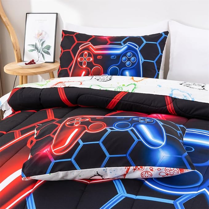 NTBED Game Console Comforter Set for Boys Girls Kids 3D Gaming Geometric Lightweight Microfiber Gamer Bedding Sets (Red Blue, Twin 5Pcs)