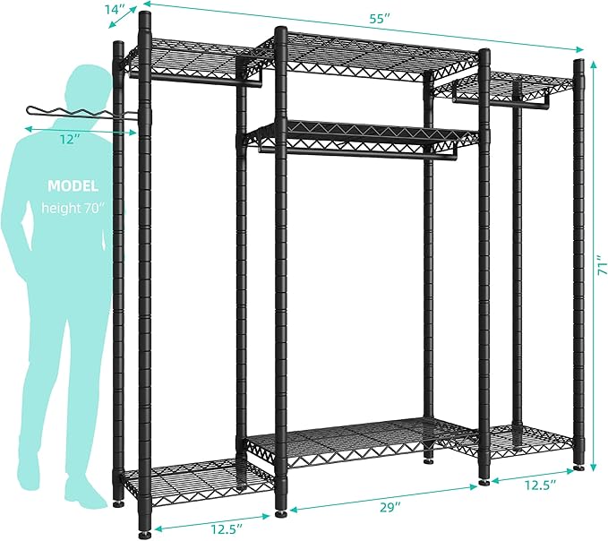 PUNION Heavy Duty L Shaped Clothes Rack with 7 Shelves, Sturdy Metal Wardrobe Closet Rack for Hanging Clothes, 56" L x 14" W x 71" H, Max Load 520lbs, Black