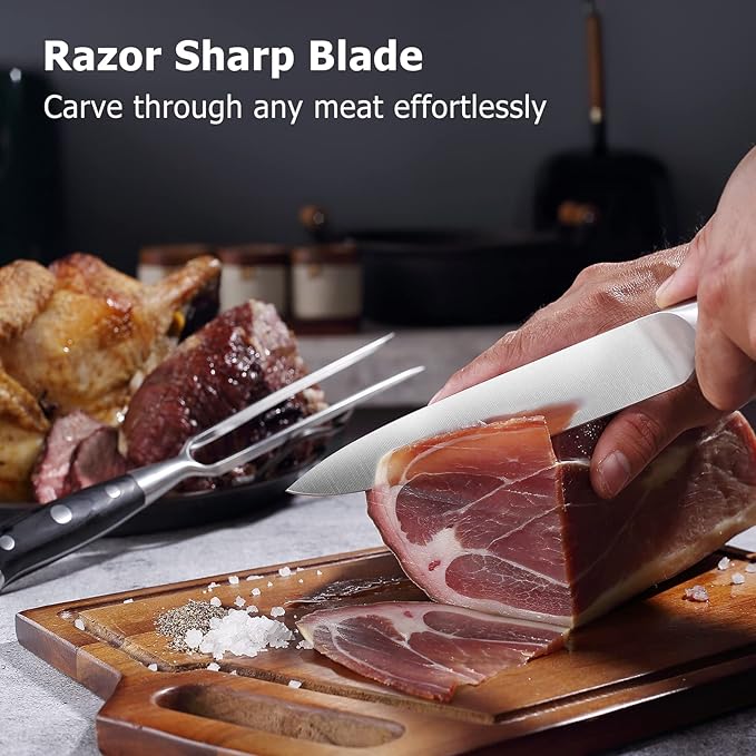 PAUDIN Carving Knife Set - 8" German Steel Turkey Carving Knife and Fork Set With Ergonomic Handle, Full Tang For Meat, Brisket