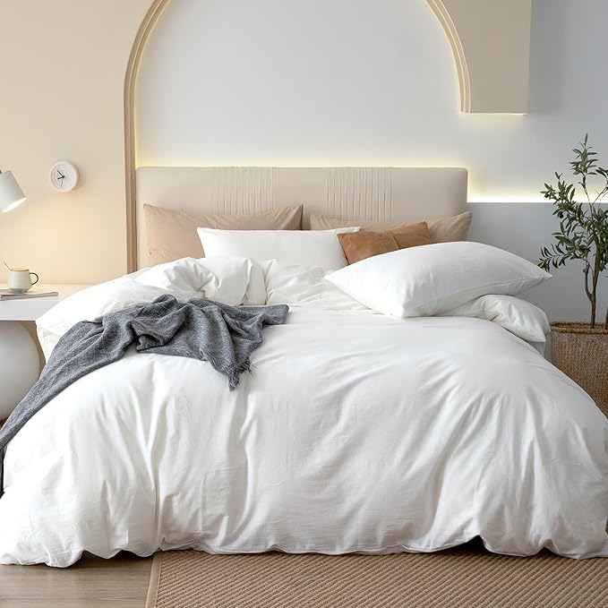 JIYUAN 100% Washed Cotton Duvet Cover Set 3 Pieces Oversized Queen, 1 Duvet Cover 98x98 Inches(Comforter Not Included) and 2 Pillowcases,Linen Feel Bedding Set Comfy and Breathable,Bright White