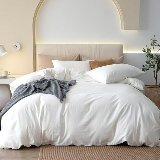 JIYUAN 100% Washed Cotton Duvet Cover Set 3 PCS Oversized King Plus, 1 Duvet Cover 128"x120"(Comforter Not Included) and 2 Pillowcases,Linen Feel Bedding Set Comfy and Breathable,Bright White