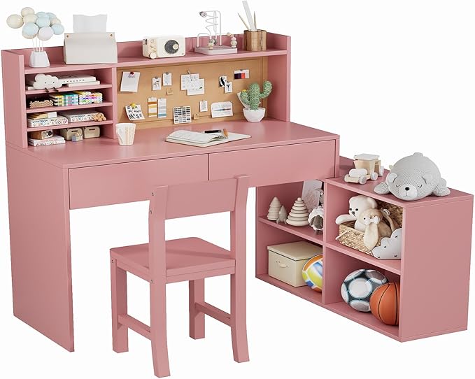 Pink Kids Desk and Chair Set, Kids Study Table and Chair Set with 2 Drawers & 4 Cabinets, Kids Study Desk with Removable Large Storage Cabinet,Girls Study Desk for Kid for Bedroom-vDkR36