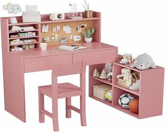 Pink Kids Desk and Chair Set, Kids Study Table and Chair Set with 2 Drawers & 4 Cabinets, Kids Study Desk with Removable Large Storage Cabinet,Girls Study Desk for Kid for Bedroom-vDkR36