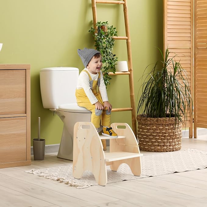 comfoyar 2 in 1 Toddler Step Stool, Wooden 2 Step Stool for Kids with Handles and Anti Slip Pad, Convertible Back Chair, Height Adjustable Potty Training Helper Stool for Bathroom Sink, Bedroom