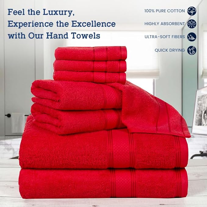 Casa Lino Bath Towel Set of 8 (2 Bath Towels, 4 Wash Cloths & 2 Hand Towels for Bathroom) - 100% Cotton - Highly Absorbent & Quick Dry - Guest Room Essentials for Bathroom Set - (Red)