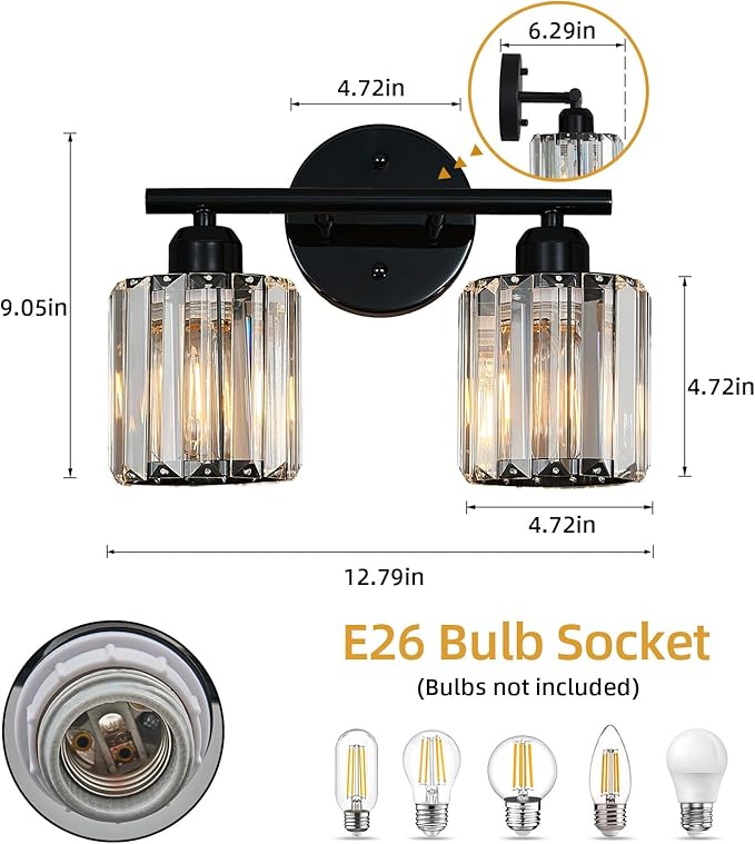 Modern 2 Light Crystal Vanity Light, Plating Black Vertical Bathroom Light Fixture Over Mirror for Dressing Table Sink, Compatible with Dimmable Bulbs (Bulbs Not Included)