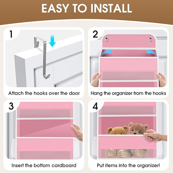 2 Pack Over The Door Organizer Hanging Storage Organizers with Clear Window 40lb Large Capacity Room Organizer for Pantry Laundry Bathroom Nursery Closet(Pink)