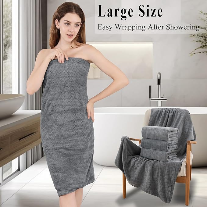 Bathroom Towels Set of 4, Oversized Bath Towels Extra Large 35x70 Inch Shower Towels Highly Absorbent Quick Dry Towel Textured Soft Bath Sheet Towels for Adults Fitness Camping Spa Grey