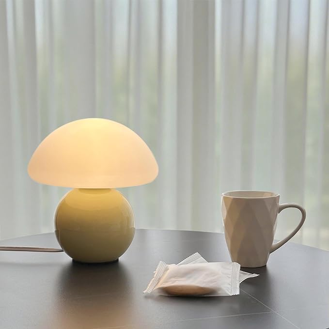 Mushroom Lamp Ceramic Base,Green Cute 70s Mid Century Modern Decor Lamp for Bedroom,Small Abstract Table Bedside Glass Mood Coze Fun Warm Light