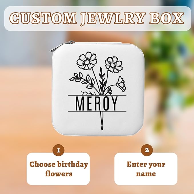 Custom Travel Jewelry Organizer, Personalized Jewelry Box with Birth Flower and Name, Gifts for Birthday, Wedding, Anniversary, Personalized Gifts for Women, Girls, Mother, Wife, Bridesmaid