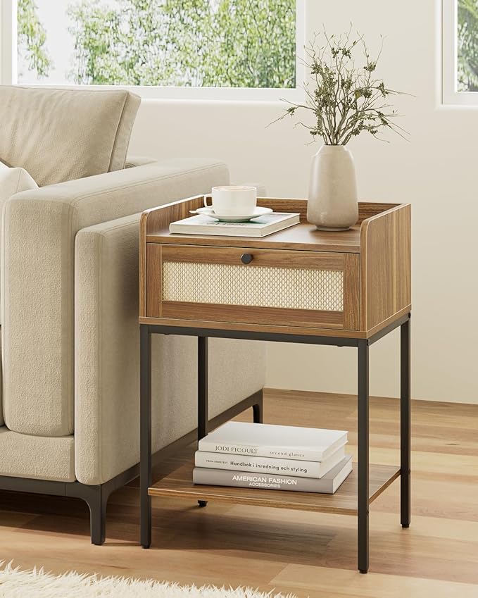 Nightstand,3-Tier Modern Night Stand,Bedside Table with Storage Drawer and Shelf,Small Side Table for Bedroom,Living Room,Walnut Brown