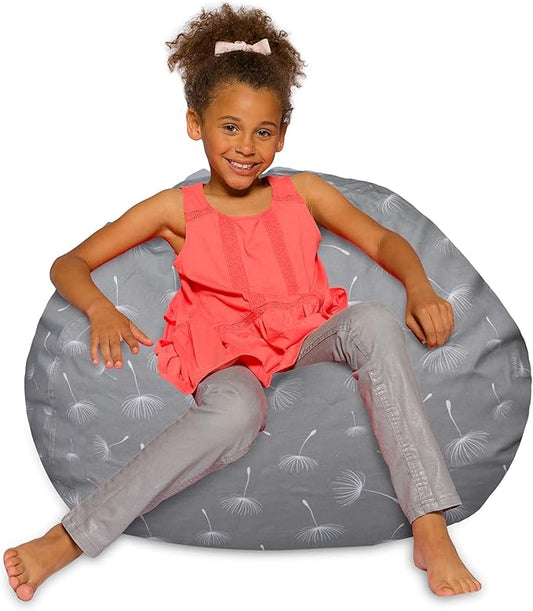 Posh Creations Bean Bag Chair for Kids, Teens, and Adults Includes Removable and Machine Washable Cover, Canvas White Dandelions on Gray, 38in - Large