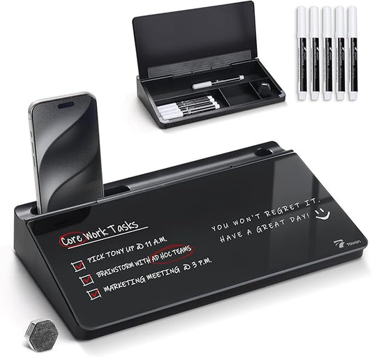 TOWON Small Compact Glass Desktop Whiteboard with Storage – 12 x 7 in Dry Erase Board for Desk, Home Office, School | Includes 5 Markers, Eraser & Holder | Space-Saving Organizer, Aesthetic Black