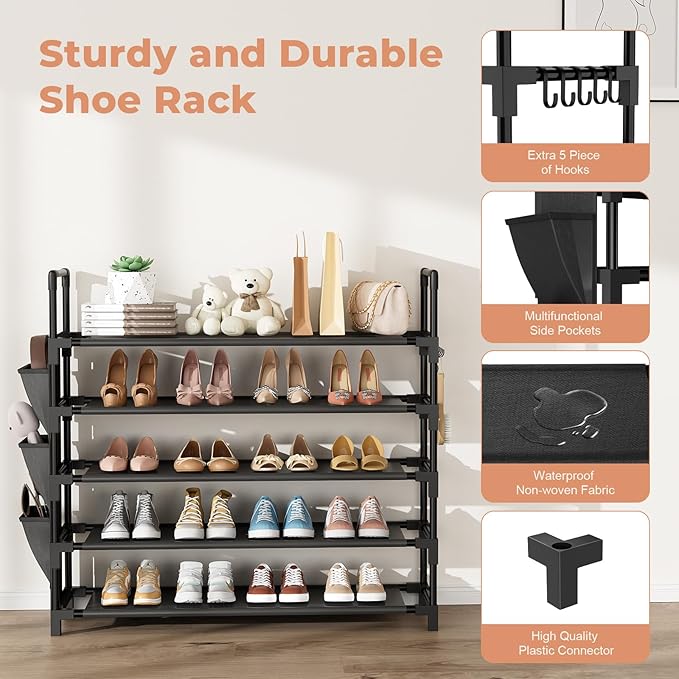 5 Tier Shoe Rack, Shoe Organizer Storage for 20-25 Pair Boot and Sneaker, Stackable Free Standing Shoe Shelf with Hooks and Side Pocket, Space Saving Shoes Rack for Closet, Entryway