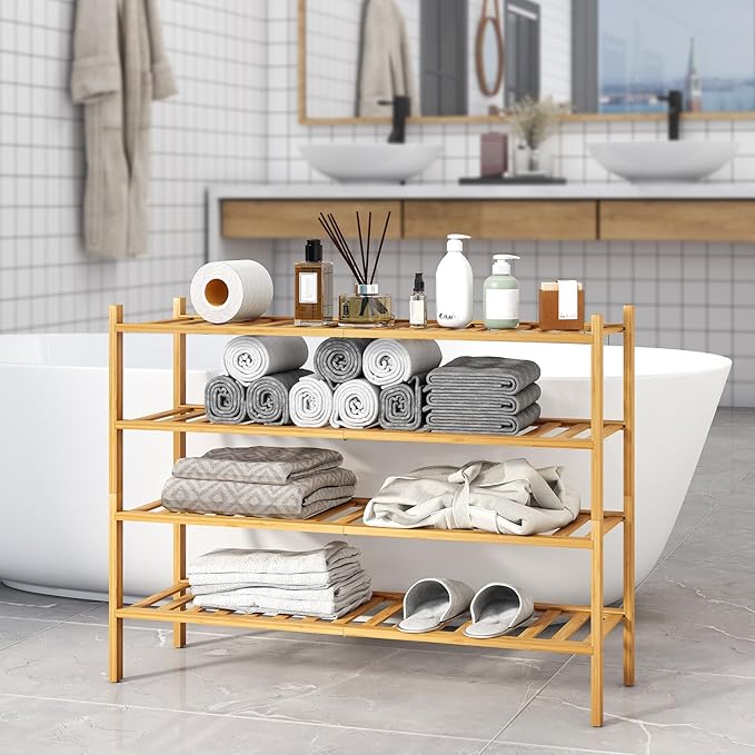 Long Shoe Rack, 4-Tier Bamboo Stackable Shoe Shelf Storage Organizer, Shoe Stand for Closet, Entryway and Hallway