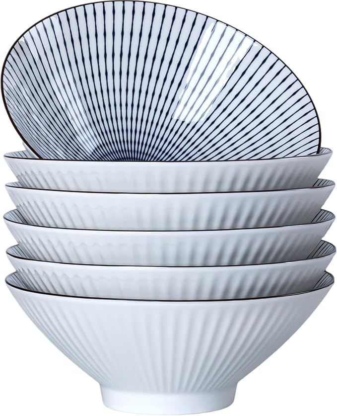 38 oz Japanese Ramen Bowl Set of 6 - Large 8 Inch Ceramic Soup Bowls, Blue and White Japanese Noodle Bowls for Pho, Ramen, and Salad - Striped Patterns
