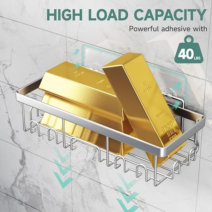 Veken Adhesive Shower Caddy 5-Pack,Heavy Weight Bearing,Large Wall Mounted Shower Shelves Rack,Organizer Storage Accessories with Soap Dish&Toothbrush Holder,Ideal for Bathroom,Home&Kitchen,Silver