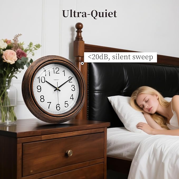 TAHEAT Vintage Gold Copper Wall Clock, Silent Non Ticking Battery Operated Round Wall Clock Decorative for Kitchen Living Room Bedroom Office, 10 Inch