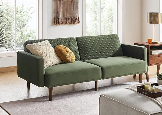 mopio 76.8" Futon Sofa Bed, Small Couch, Sleeper, Loveseat, Mid Century Modern Futon Couch, Sofa Cama, Couches for Living Room (Olive Green Premium Velvet)
