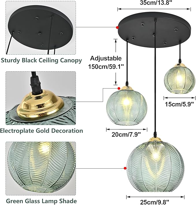 KCO Lighting Vintage Green Glass Chandelier 3 Light Pendant Light Fixtures Farmhouse Striped Glass Pendant Light Gold and Black Hanging Lights Multi Light Cluster Pendant Lighting