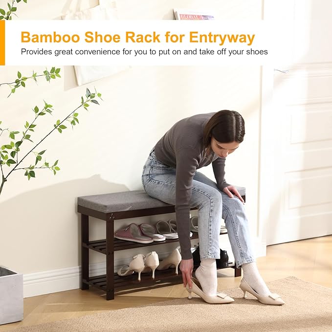 Apicizon 3-Tier Shoe Rack for Entryway, Bamboo Shoe Bench with Cushion Padded Seat, Small Shoe Organizer with Storage for Indoor Entrance Hallway Bedroom Living Room, 35.4 Inches, Brown