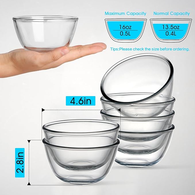 NUTRIUPS Glass Bowls Set Cereal Bowl Glass Salad Bowls Small Bowl for Kitchen (13oz-set of 6)